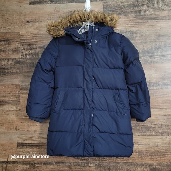 GAP Kids Down Puffer Coat M Faux Fur Trim Hood Navy Outdoor Winter Sledding - Picture 1 of 13